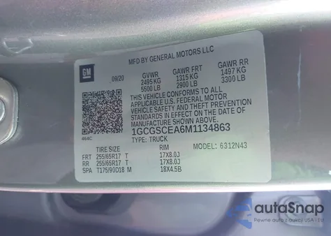 2021 Chevrolet Colorado 2Wd Short Box Lt z USA, uszkodzony, nr VIN 1GCGSCEA6M1134863